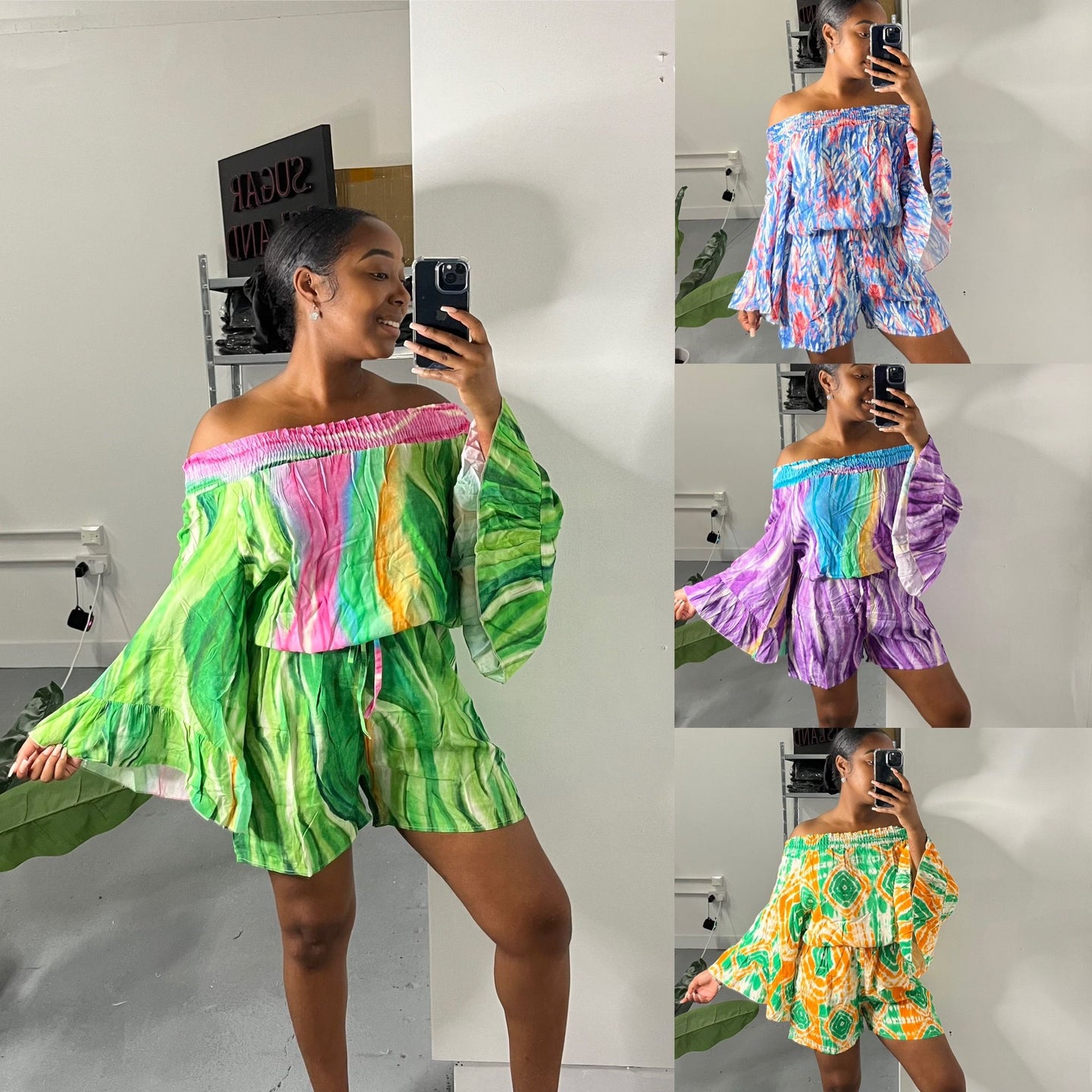 Off the shoulder tie dye playsuit Sugar Island Clothing